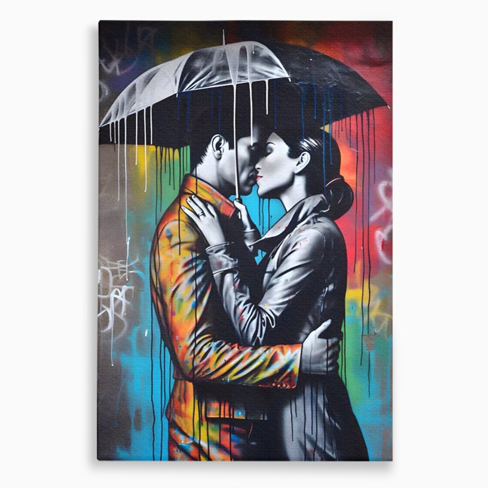 Tablou canvas cu tablou cuplu sub umbrela, fara rama, pe sasiu de lemn